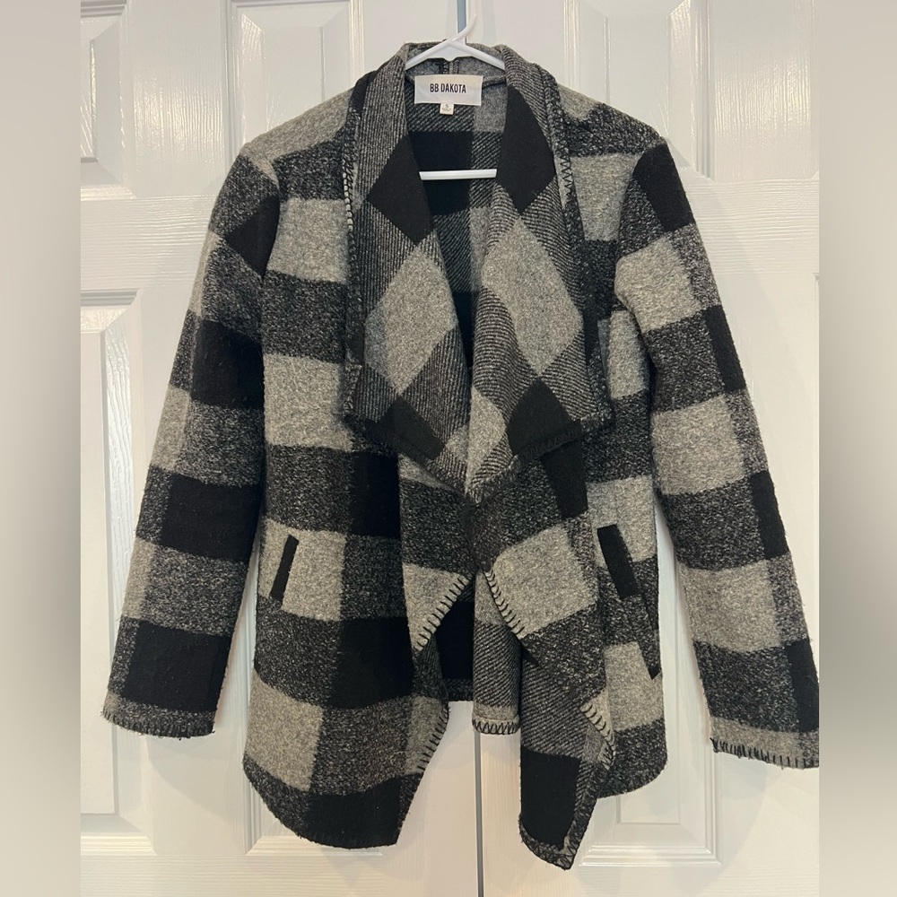 BB Dakota buffalo plaid, draped sweater jacket, XS